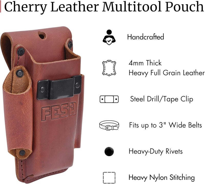 fesa Small Leather Tool Pouch - 4-in-1 Heavy Top Grain Leather Small Tool Pouch with a Tape Measure Holder, 3 Pockets & Reinforced Heavy Duty Rivets - Fits Belts up to 3" - Handcrafted - Image 2